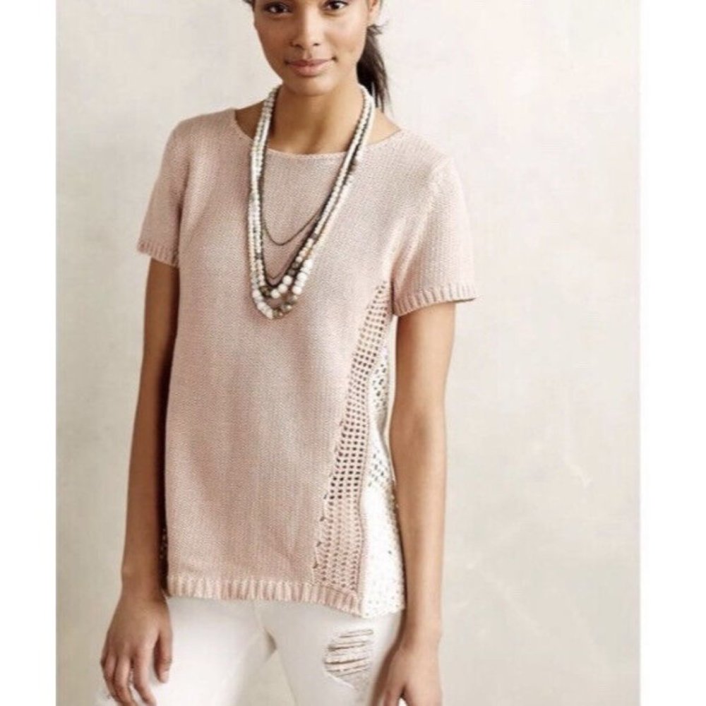 Moth Anthropologie Blush Cream Knit Sweater Top Crochet Back Short Sleeve XS